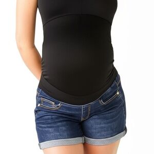 Indigo Poppy Maternity Size‎ S Dark Blue Wash Over-Belly Cuffed Denim Shorts New